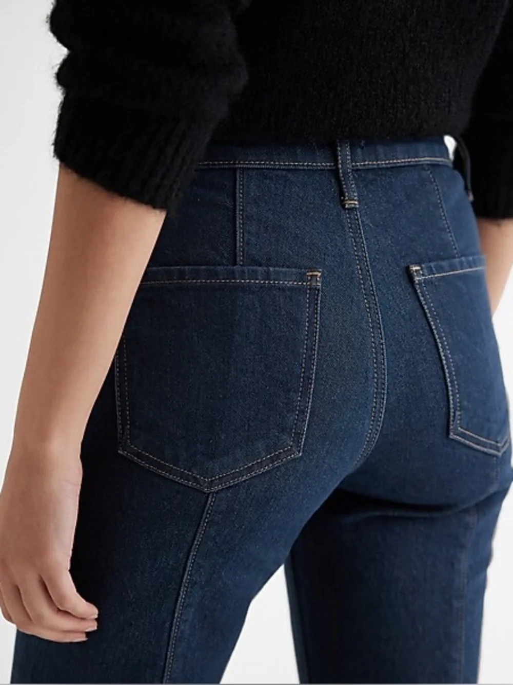Express Mid Rise Dark Wash Back Center Seam '70s Flare Jeans